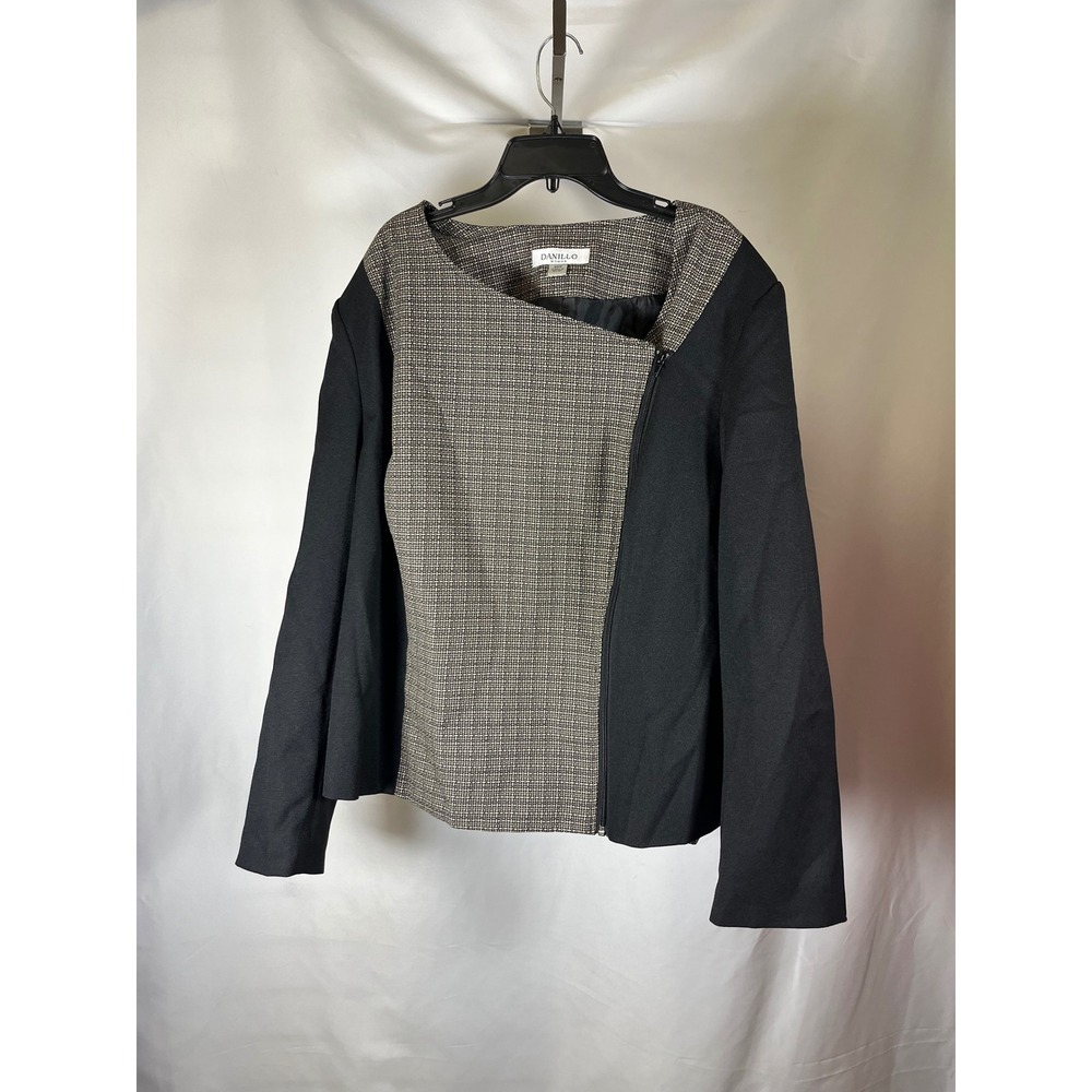 Danillo Woman Asymmetrical Zip Jacket Black Tan Woven Panel Plus Size 22W Blazer
